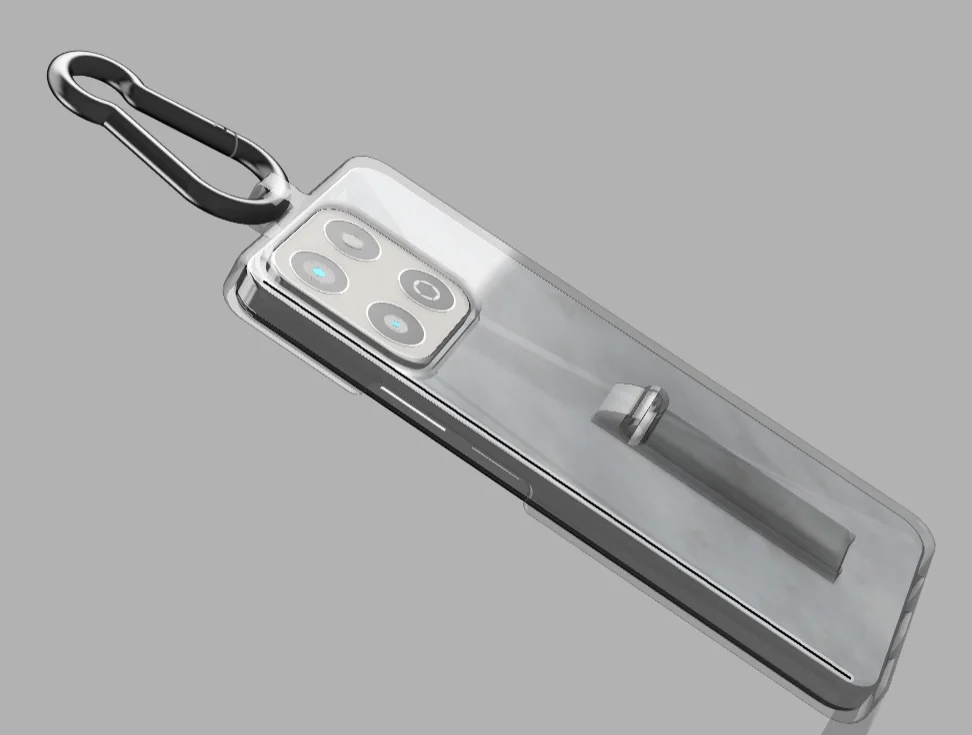 CAD rendering of the custom phone case with rear stand and attachment point